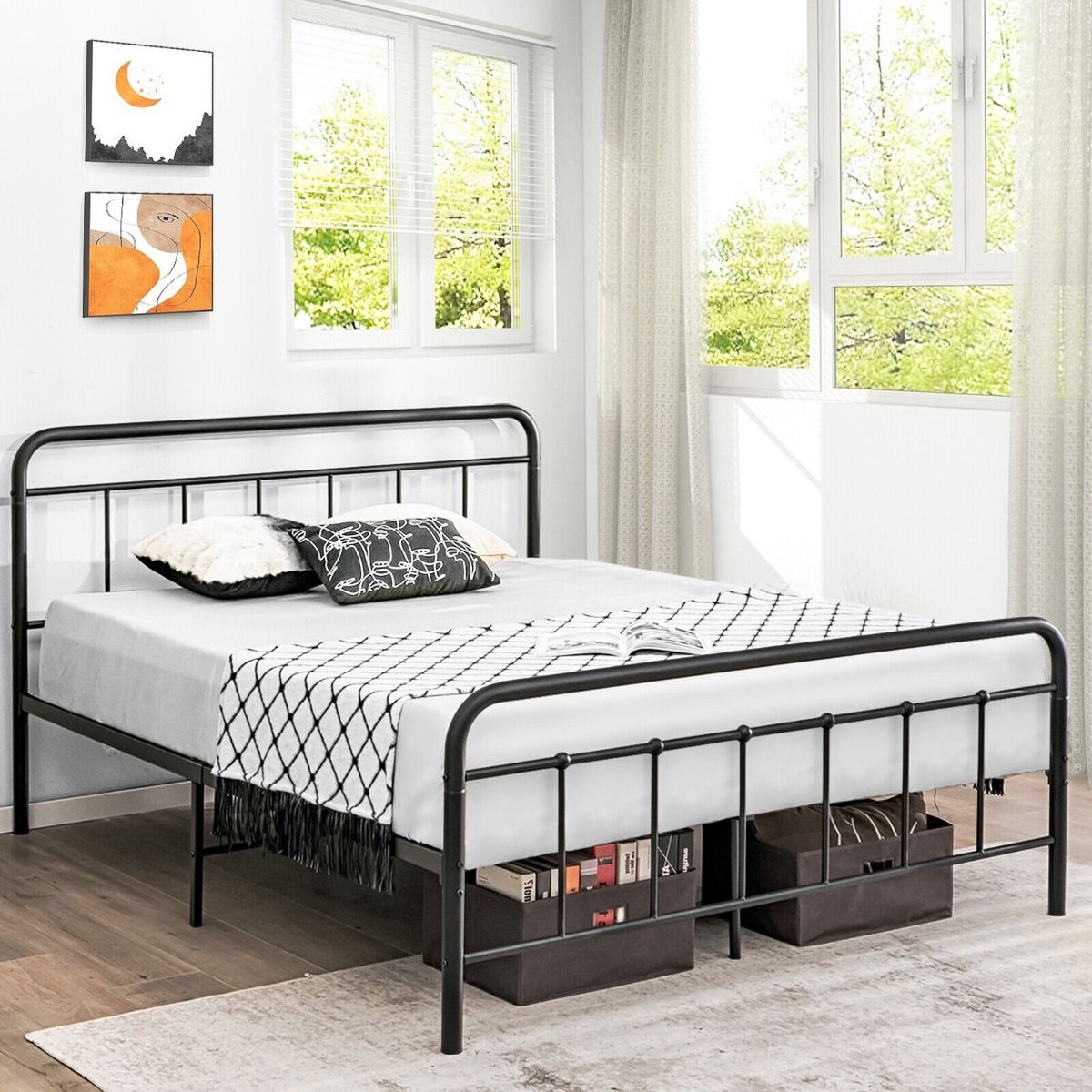 Modern King Size Double Slatted Bed Frame with Curved Headboard